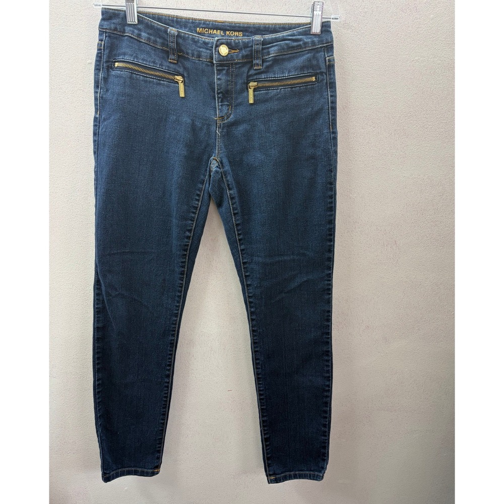 Michael Kors Skinny Jeans Dark Wash Gold Zip Pockets Size 4 Denim Pants